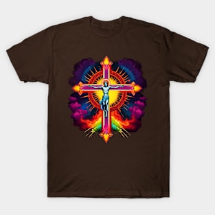 Rainbow Radiance Crucifix Amidst Heart's Burst Tee T-Shirt